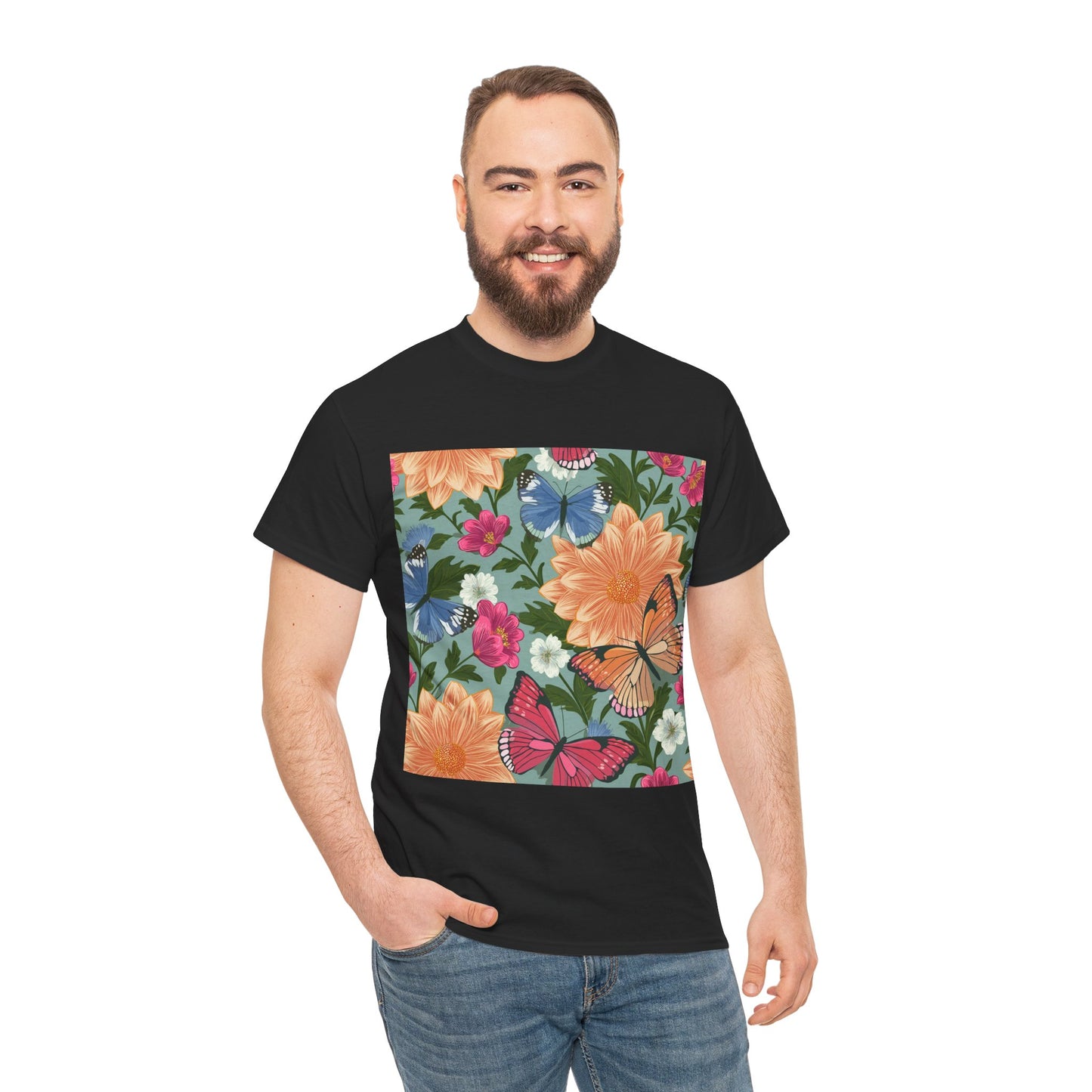 Butterflies and Flowers Unisex Heavy Cotton T-Shirt