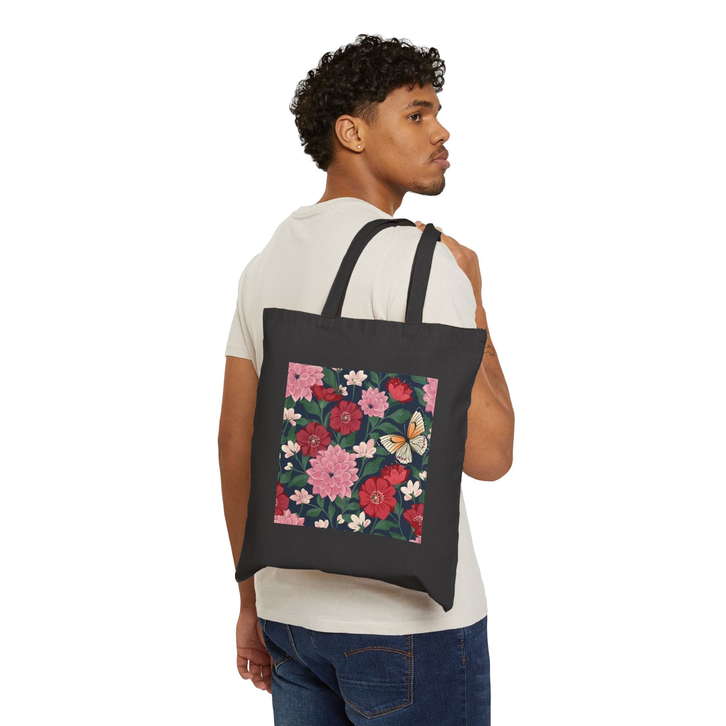 Butterfly in Flowers Cotton Tote Bag, Durable 15"x16" Canvas Bag for Everyday Shopping, Perfect Gift for Nature Lovers