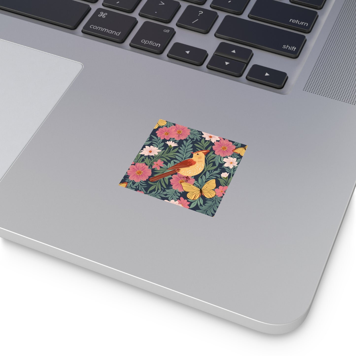 Bird with Butterfly and Flowers Square Vinyl Sticker