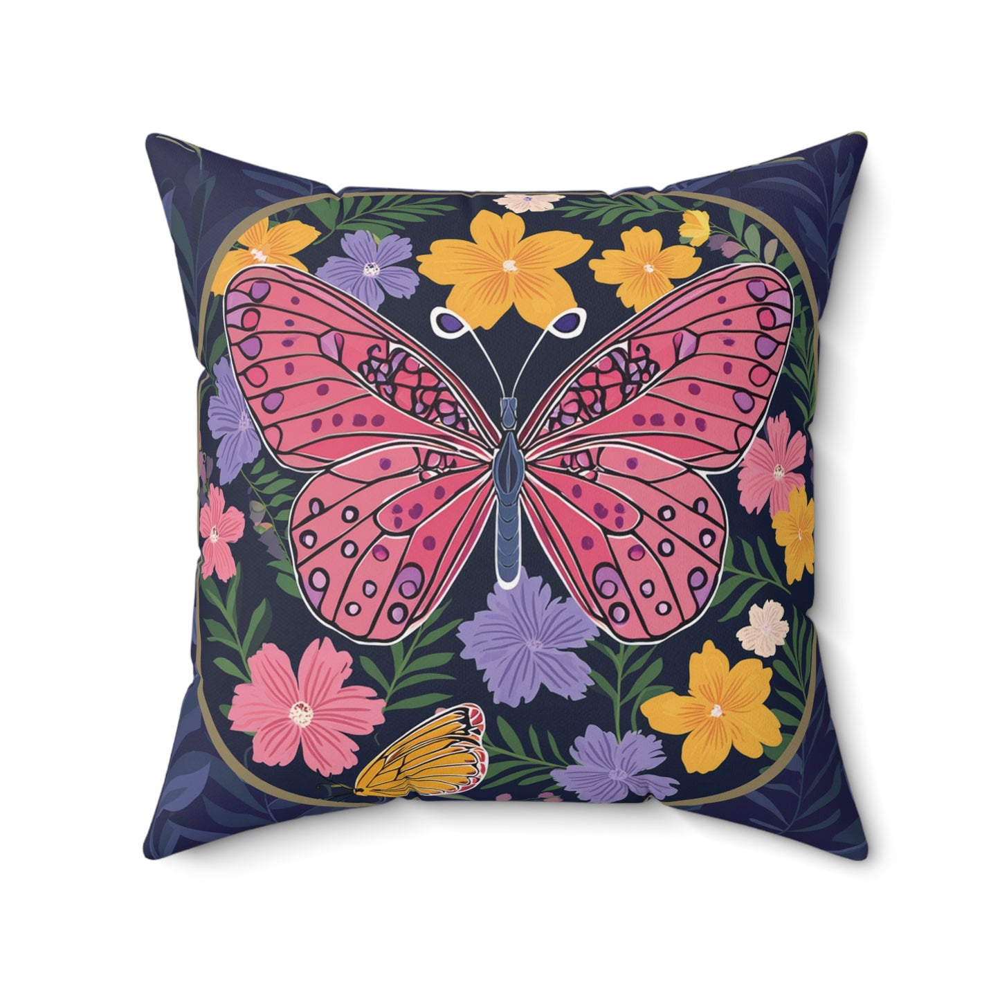 Butterfly  and Flowers Spun Polyester Square Pillow