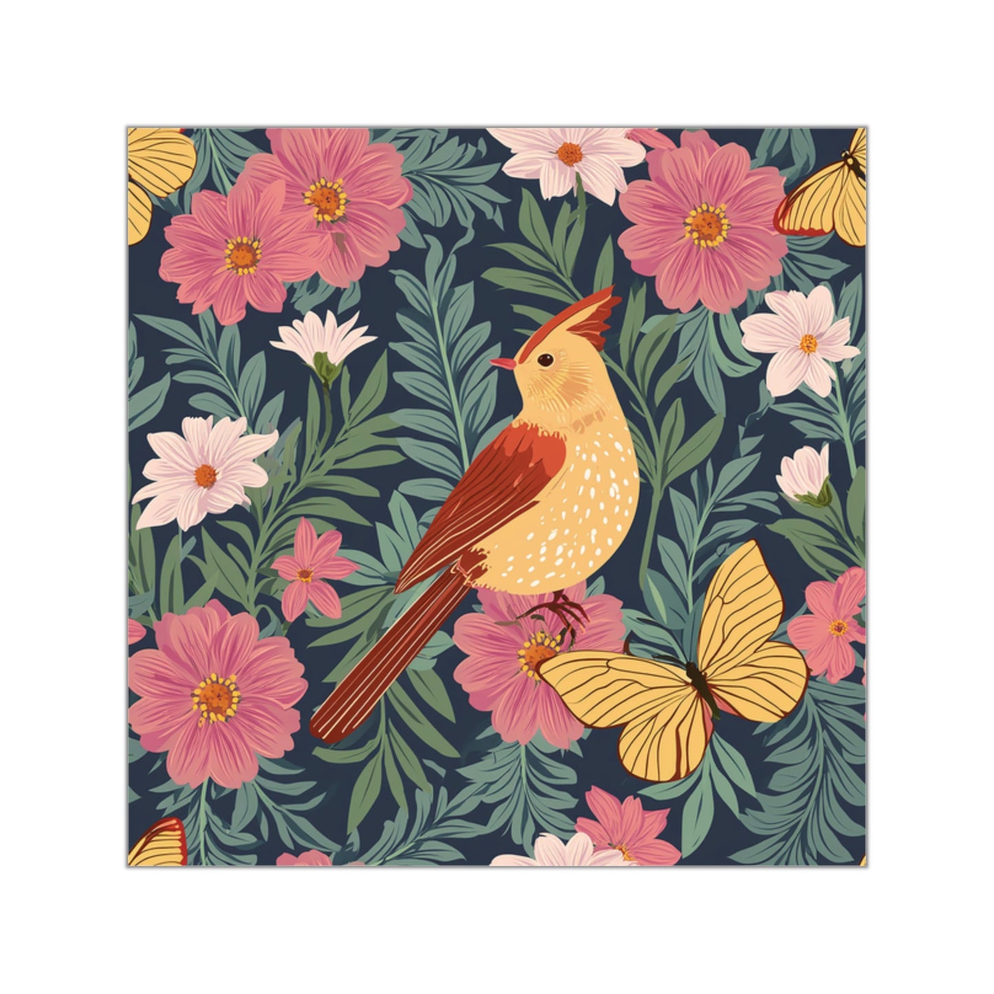 Bird with Butterfly and Flowers Square Vinyl Sticker