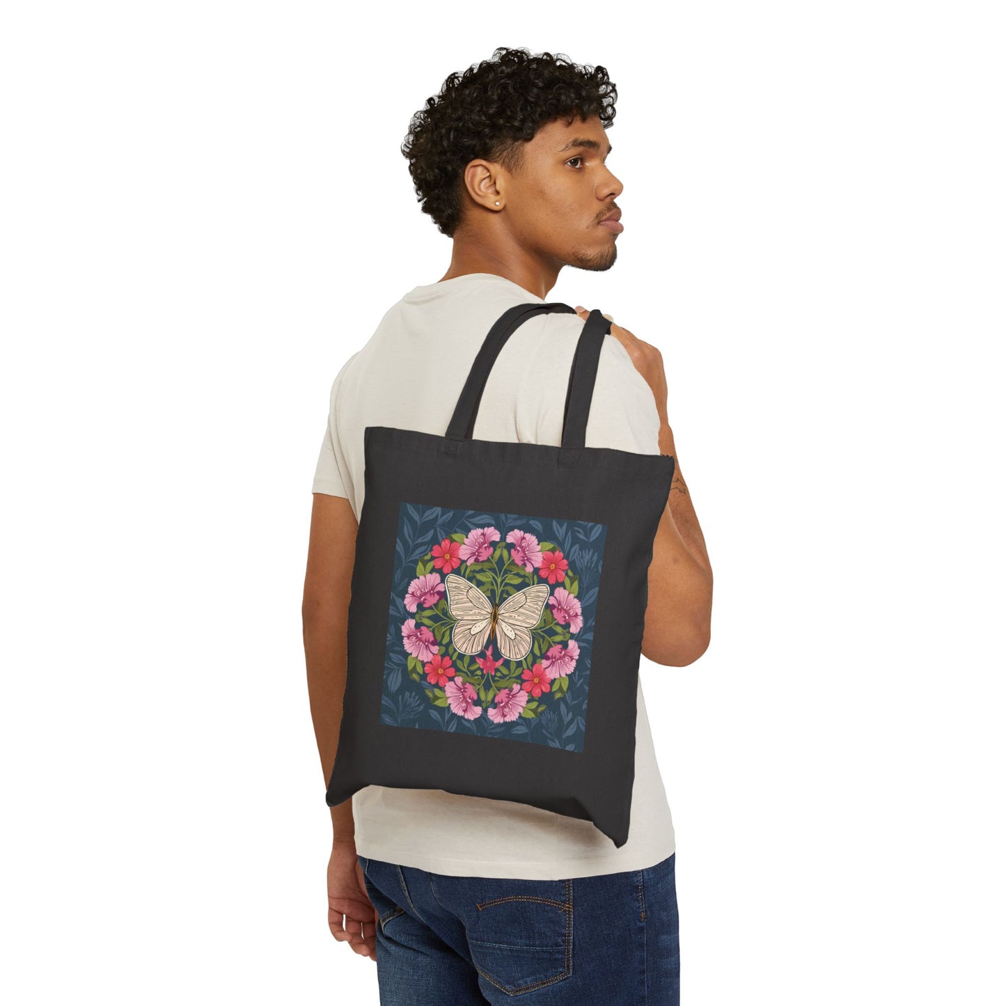 Butterfly in Flowers Cotton Tote Bag, Durable 15x16 Shop Bag with 20" Handles, Eco-Friendly Gift for Her