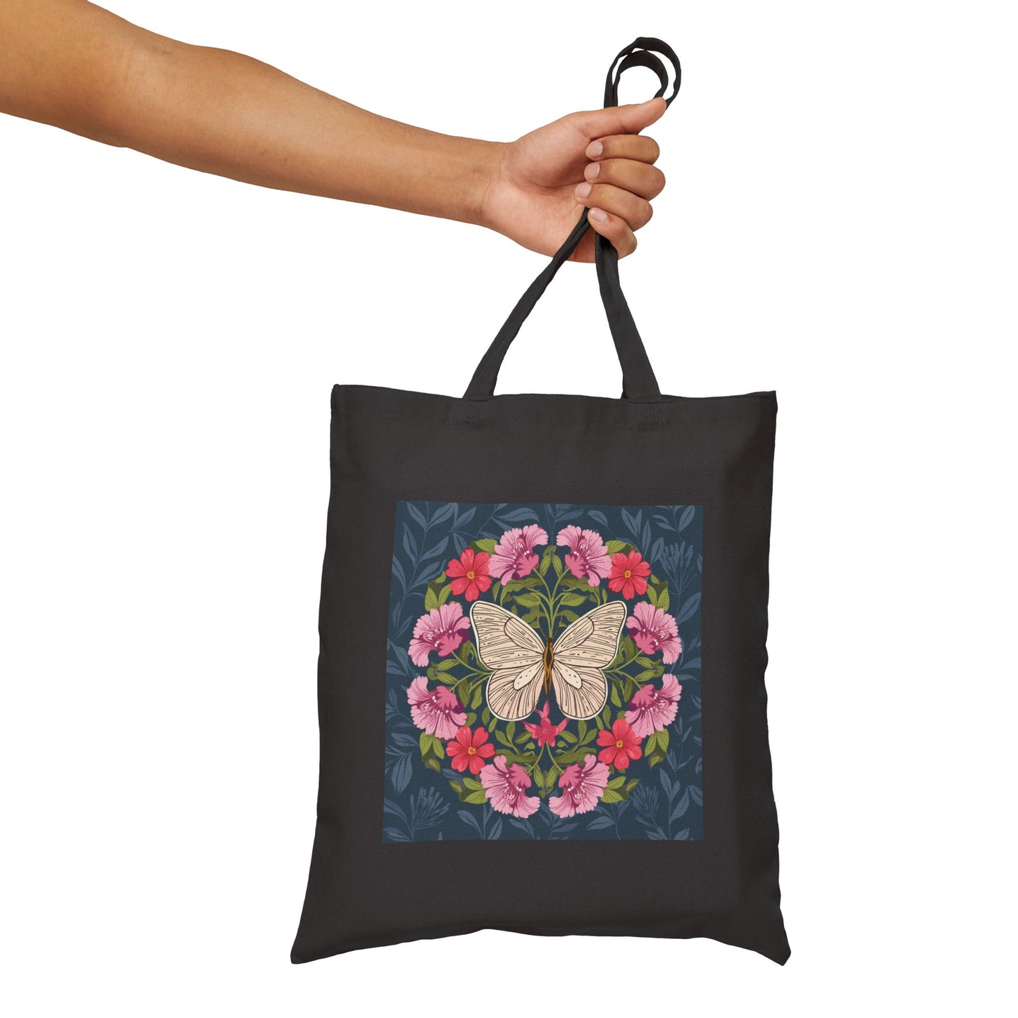 Butterfly in Flowers Cotton Tote Bag, Durable 15x16 Shop Bag with 20" Handles, Eco-Friendly Gift for Her