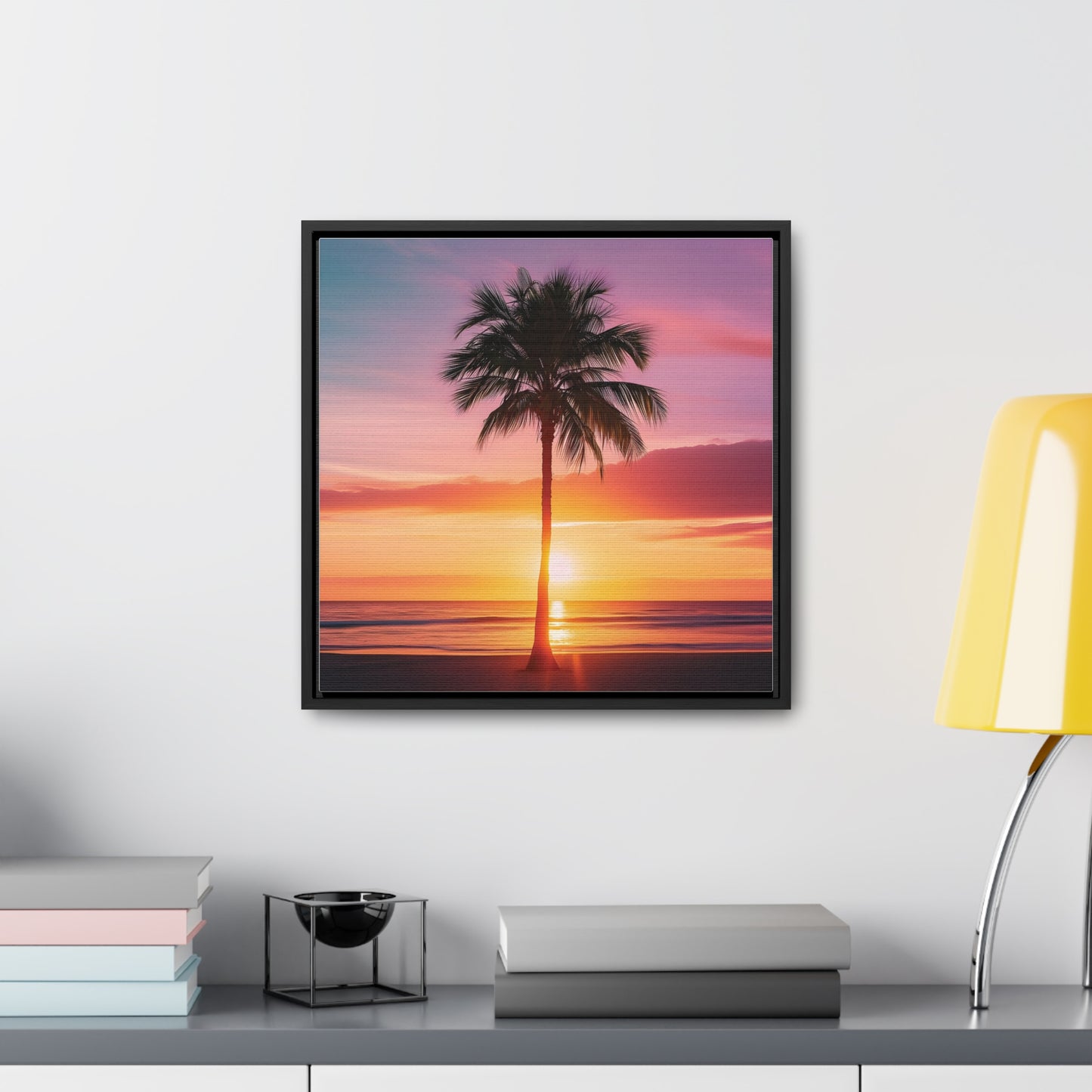 Translucent Sunset Palm Tree Square Canvas Wrap
