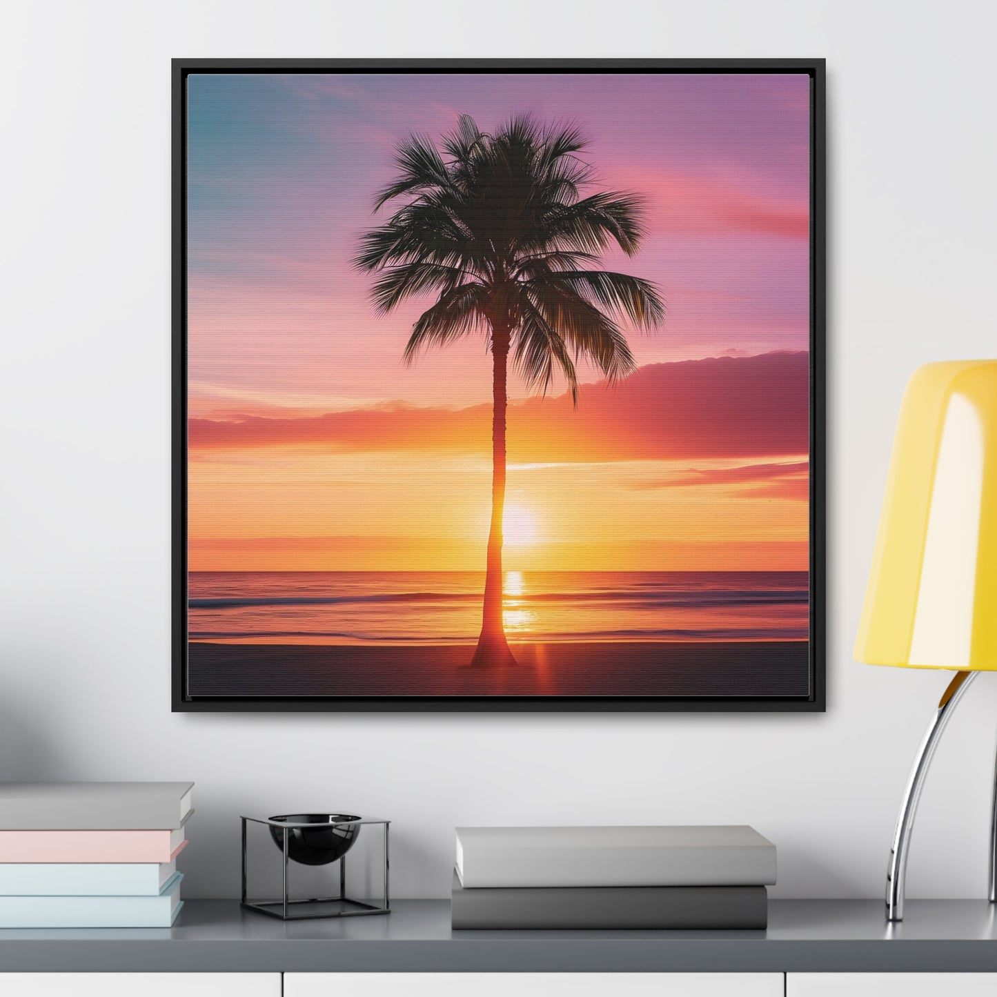 Translucent Sunset Palm Tree Square Canvas Wrap