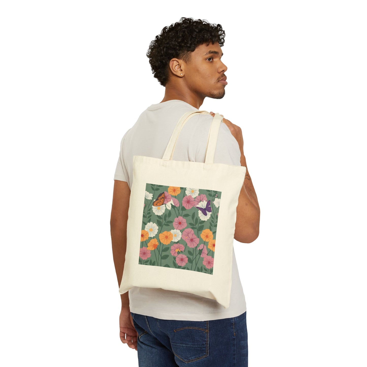 Butterflies in Flowers Cotton Tote Bag, Durable 15"x16" Everyday Bag for Shopping, Perfect Gift for Nature Lovers