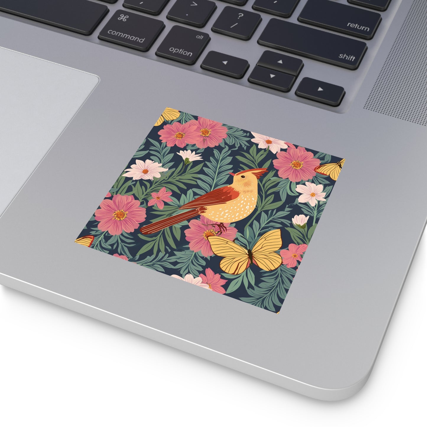 Bird with Butterfly and Flowers Square Vinyl Sticker