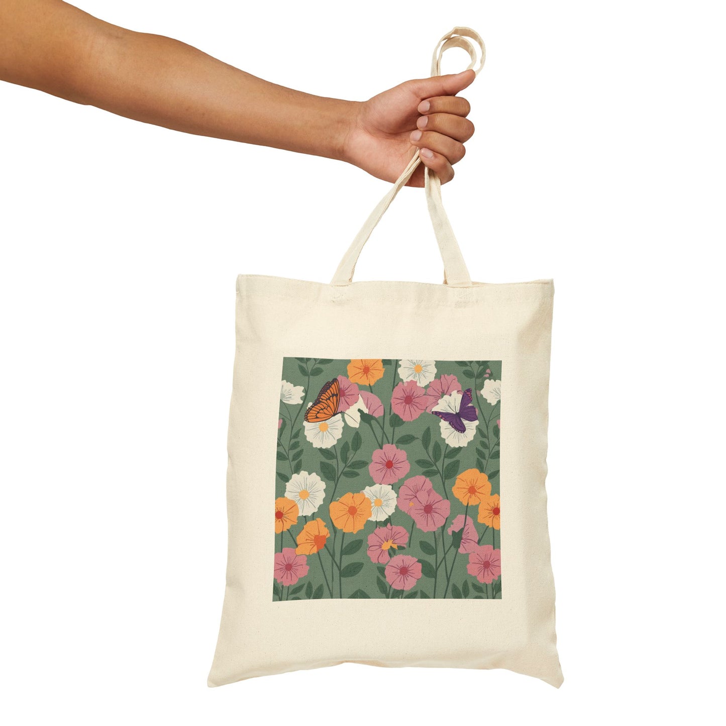 Butterflies in Flowers Cotton Tote Bag, Durable 15"x16" Everyday Bag for Shopping, Perfect Gift for Nature Lovers