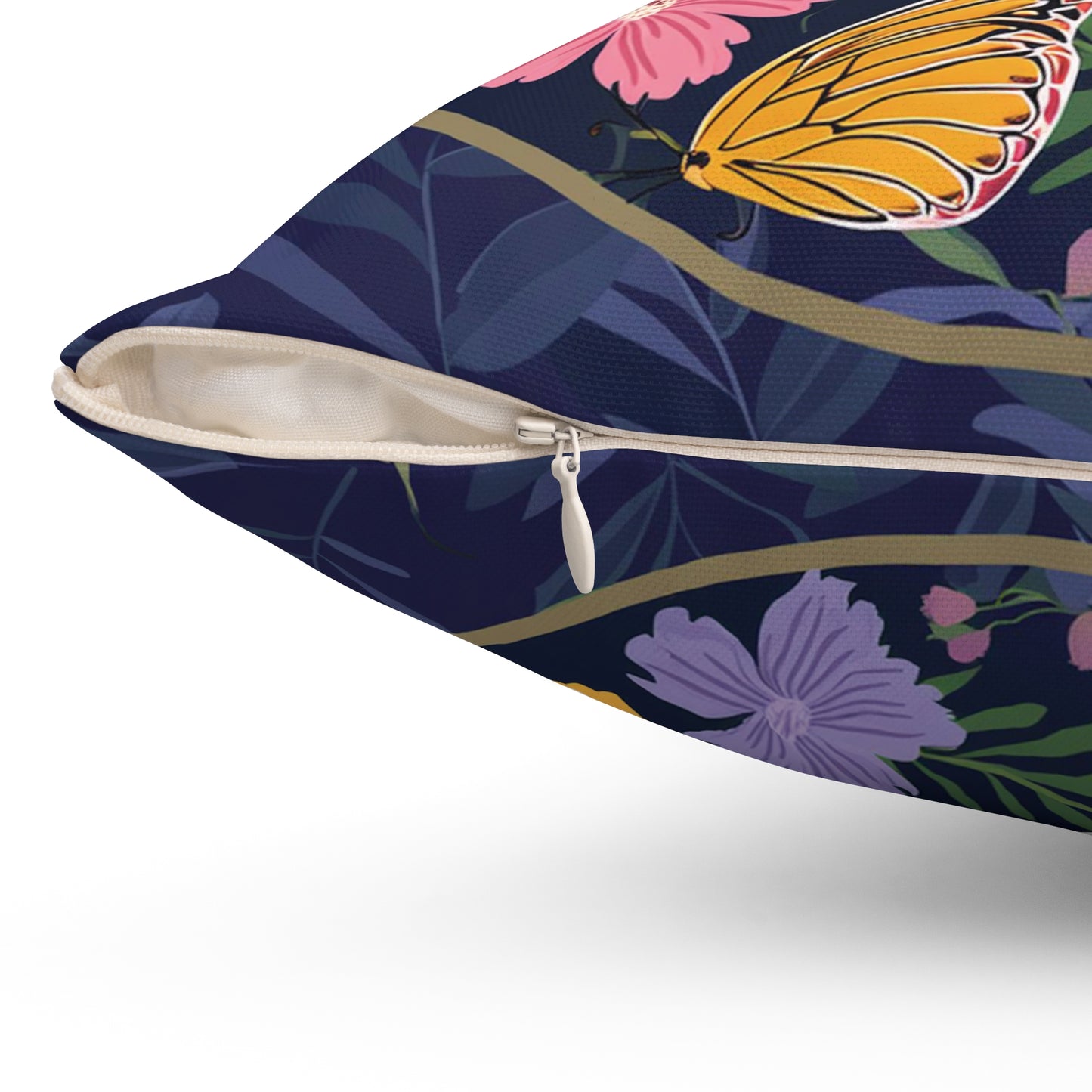 Butterfly  and Flowers Spun Polyester Square Pillow