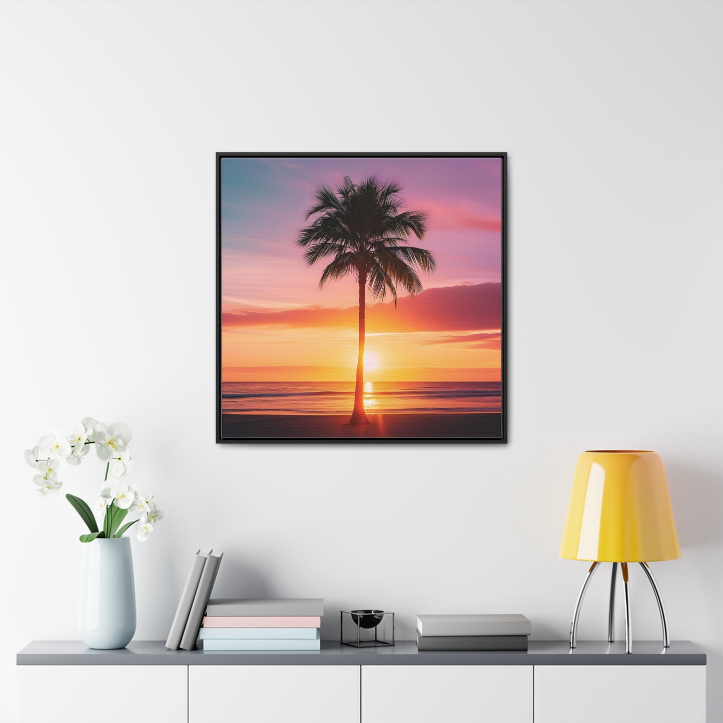 Translucent Sunset Palm Tree Square Canvas Wrap