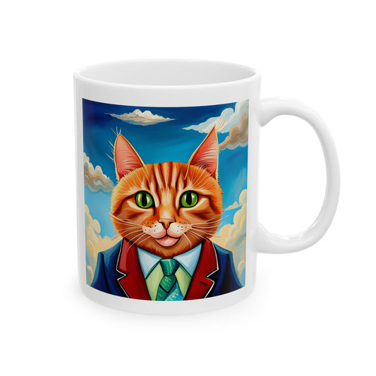 Orange Cat Wearing a Green Tie Ceramic Mug
