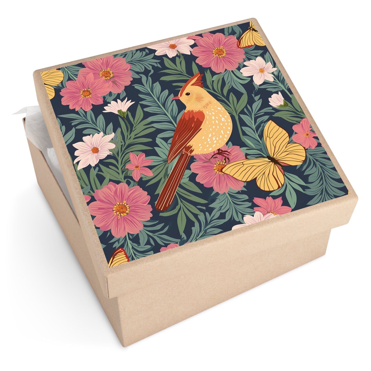 Bird with Butterfly and Flowers Square Vinyl Sticker