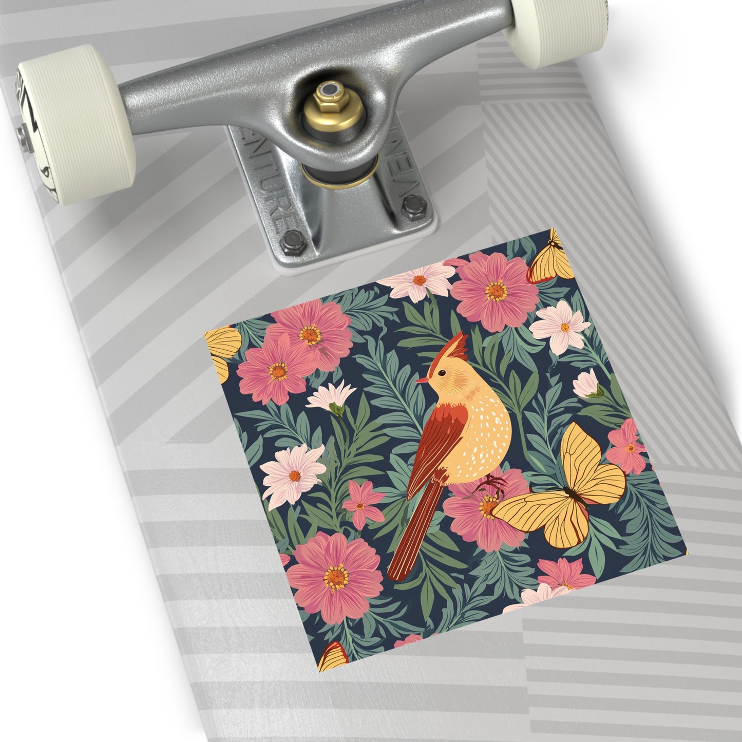 Bird with Butterfly and Flowers Square Vinyl Sticker