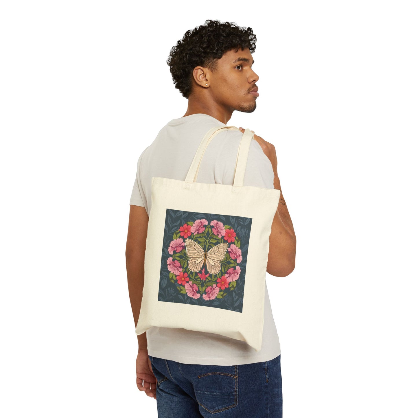 Butterfly in Flowers Cotton Tote Bag, Durable 15x16 Shop Bag with 20" Handles, Eco-Friendly Gift for Her