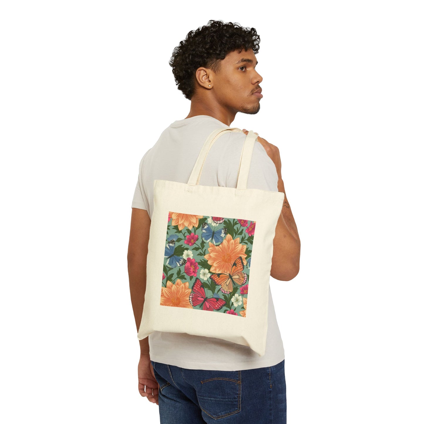 Butterfly in Flowers Cotton Canvas Tote Bag