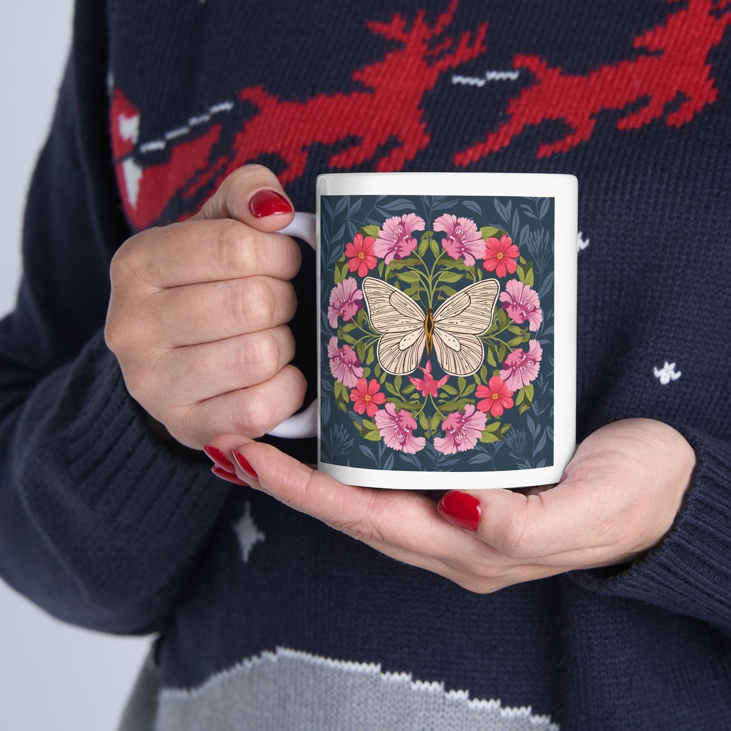 Butterfly in Floral Wreath Ceramic Mug