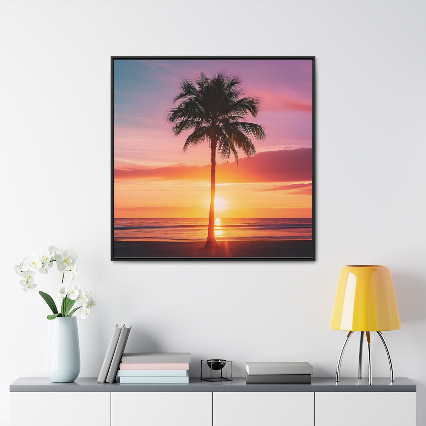 Translucent Sunset Palm Tree Square Canvas Wrap