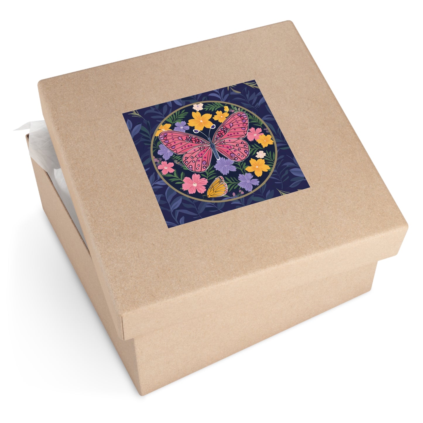 Butterfly and Flowers Square Vinyl Sticker